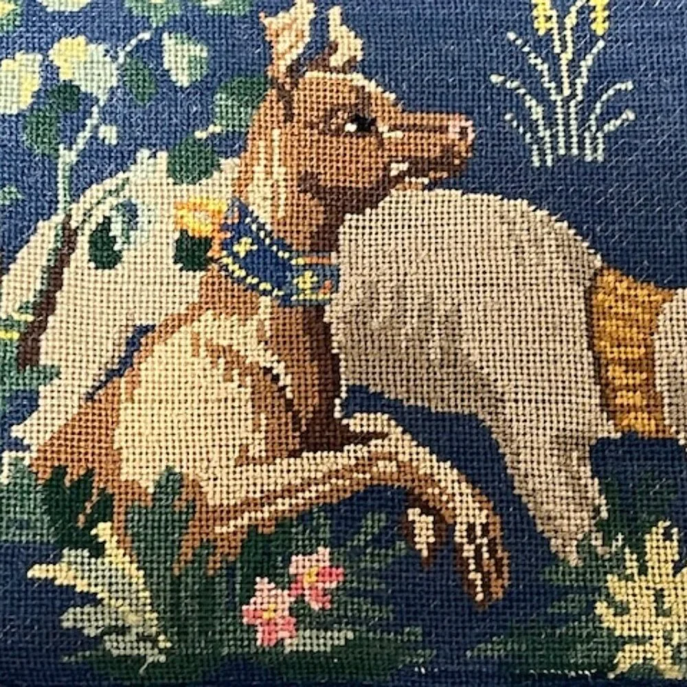 VTG Needlepoint Blue Animals Floral Eyeglasses Soft Case Silk Cotton 6.5